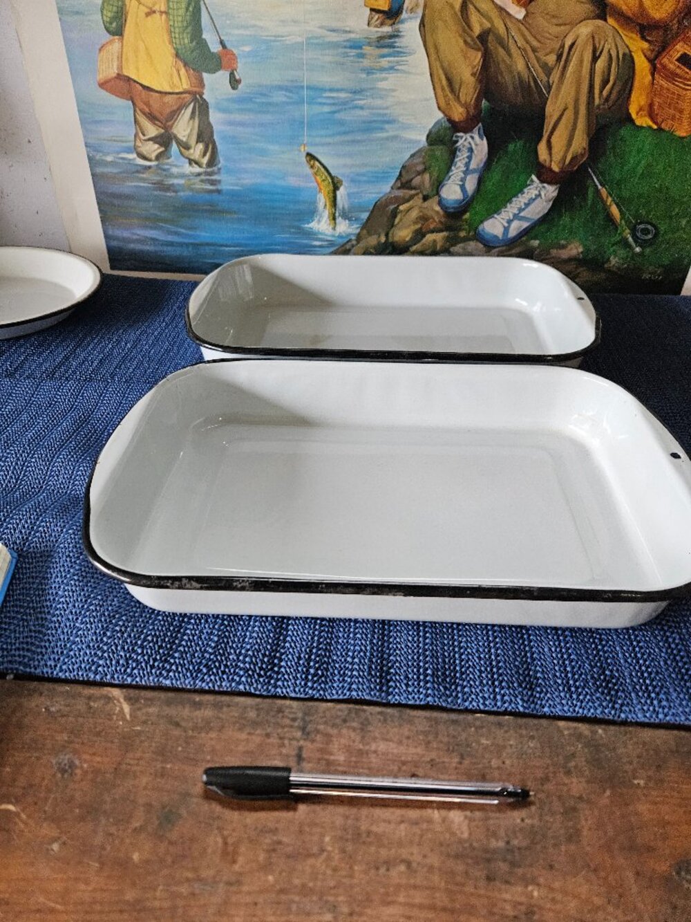 Two vintage enamel 15 inch by 9 inch pans (G1)
